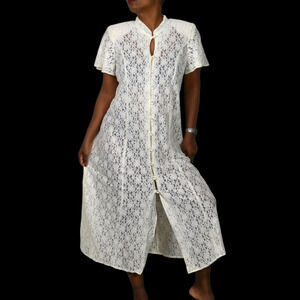 Vintage Lace Midi Dress White Ivory Button Front 80s Sheer Corset Lacing Medium